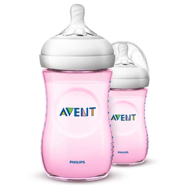 Biberón Philips Avent Natural de Cuello Ancho Color Rosado, 9 oz (2 uds)